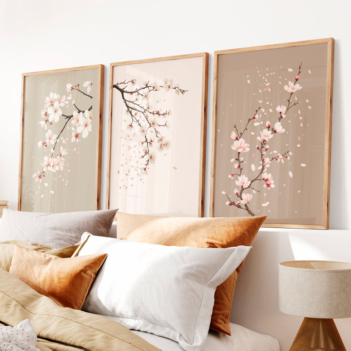 Cherry Blossom Branches for Japandi Accent Wall - Natural Wood Framed Poster No Border - Artworksets
