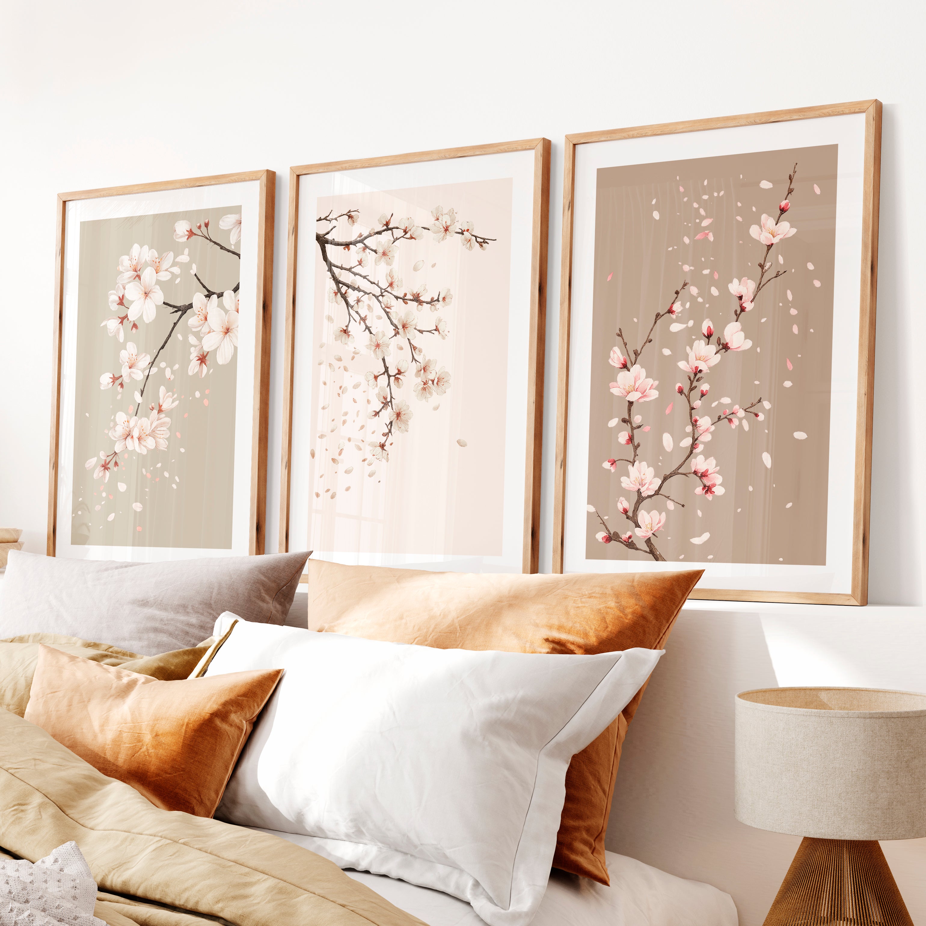 Cherry Blossom Branches for Japandi Accent Wall- Natural Wood Framed Poster with White Border - Artworksets