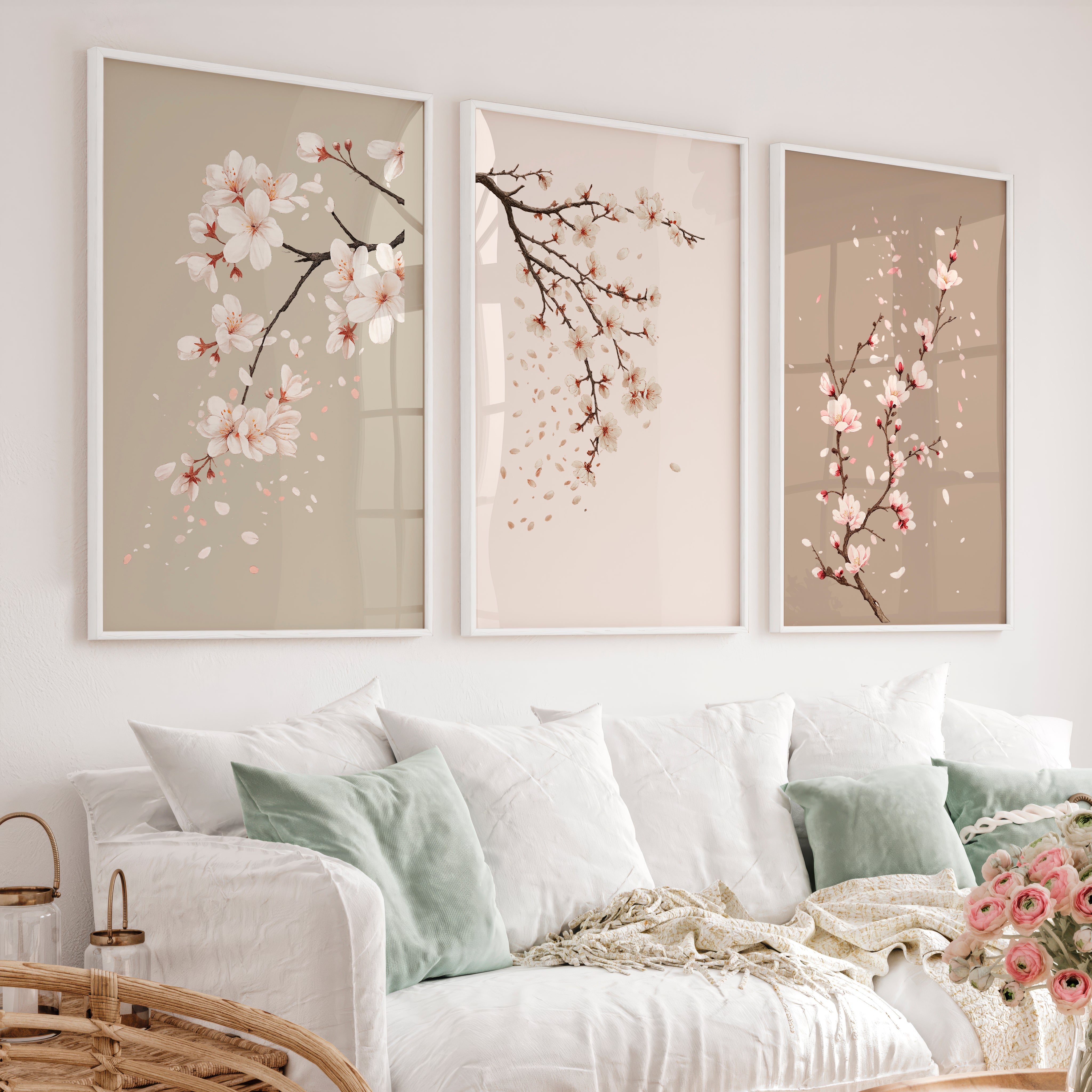 Cherry Blossom Branches for Japandi Accent Wall - White Framed Poster No Border - Artworksets