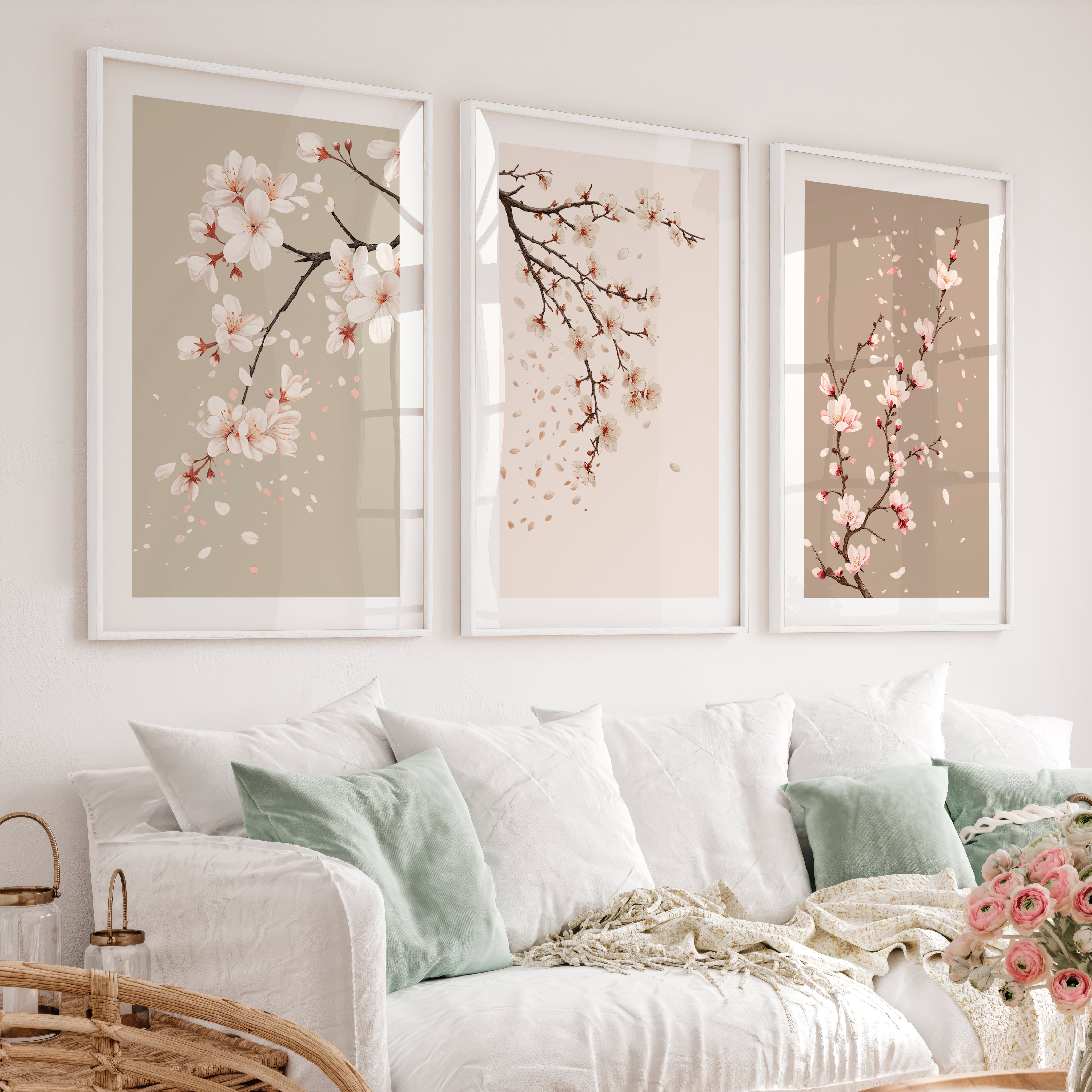 Cherry Blossom Branches for Japandi Accent Wall - White Framed Poster with White Border - Artworksets