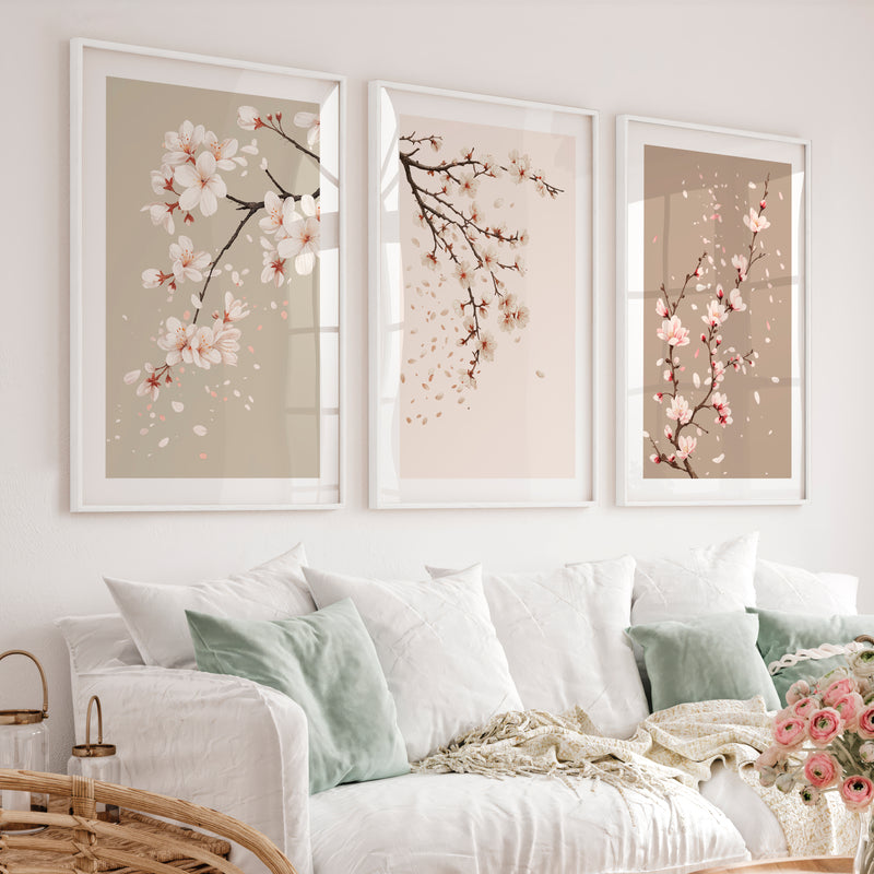 Cherry Blossom Branches for Japandi Accent Wall - White Framed Poster with White Border - Artworksets