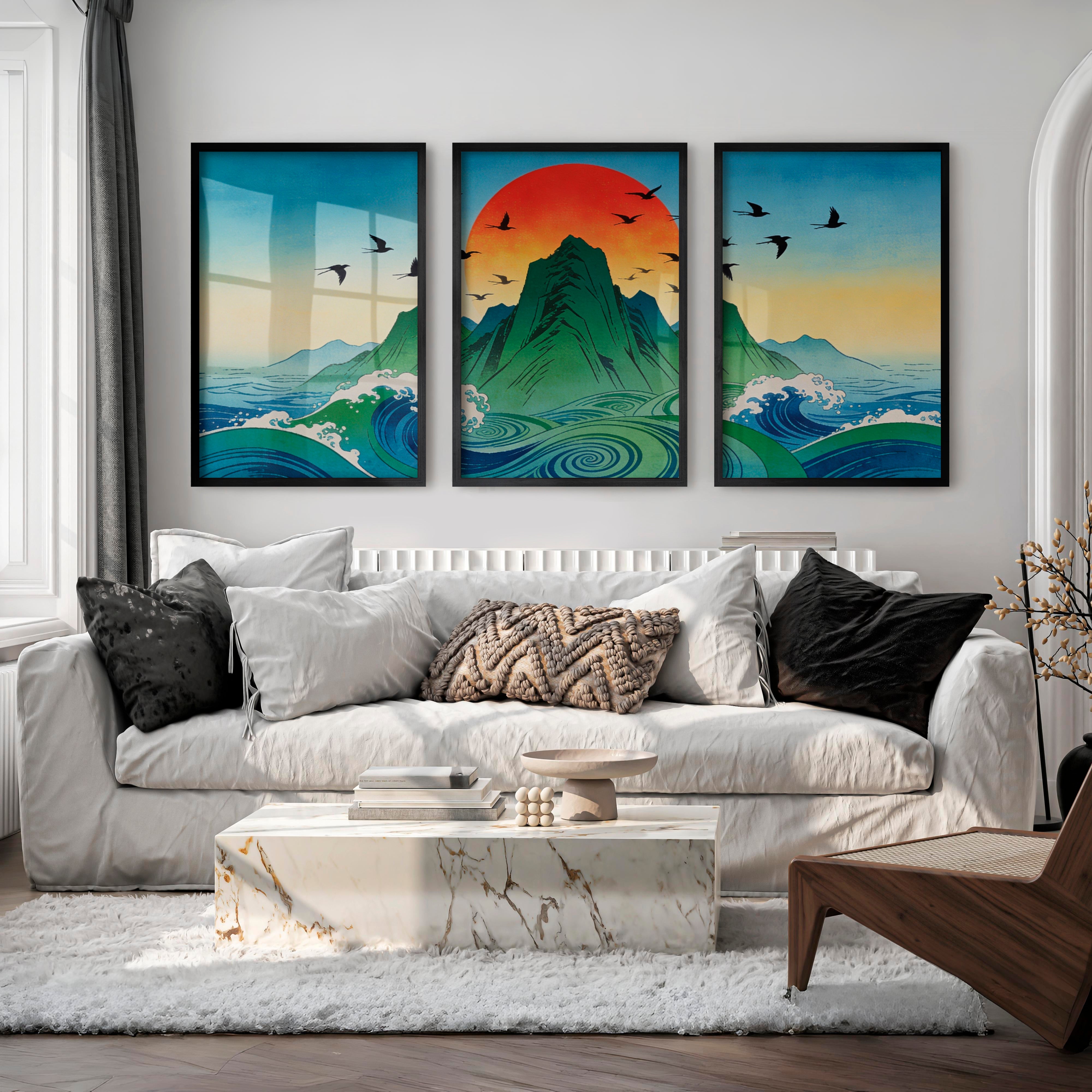Rising Sun Mountain japandi accent wall Art - Black Framed Poster No Border - Artworksets