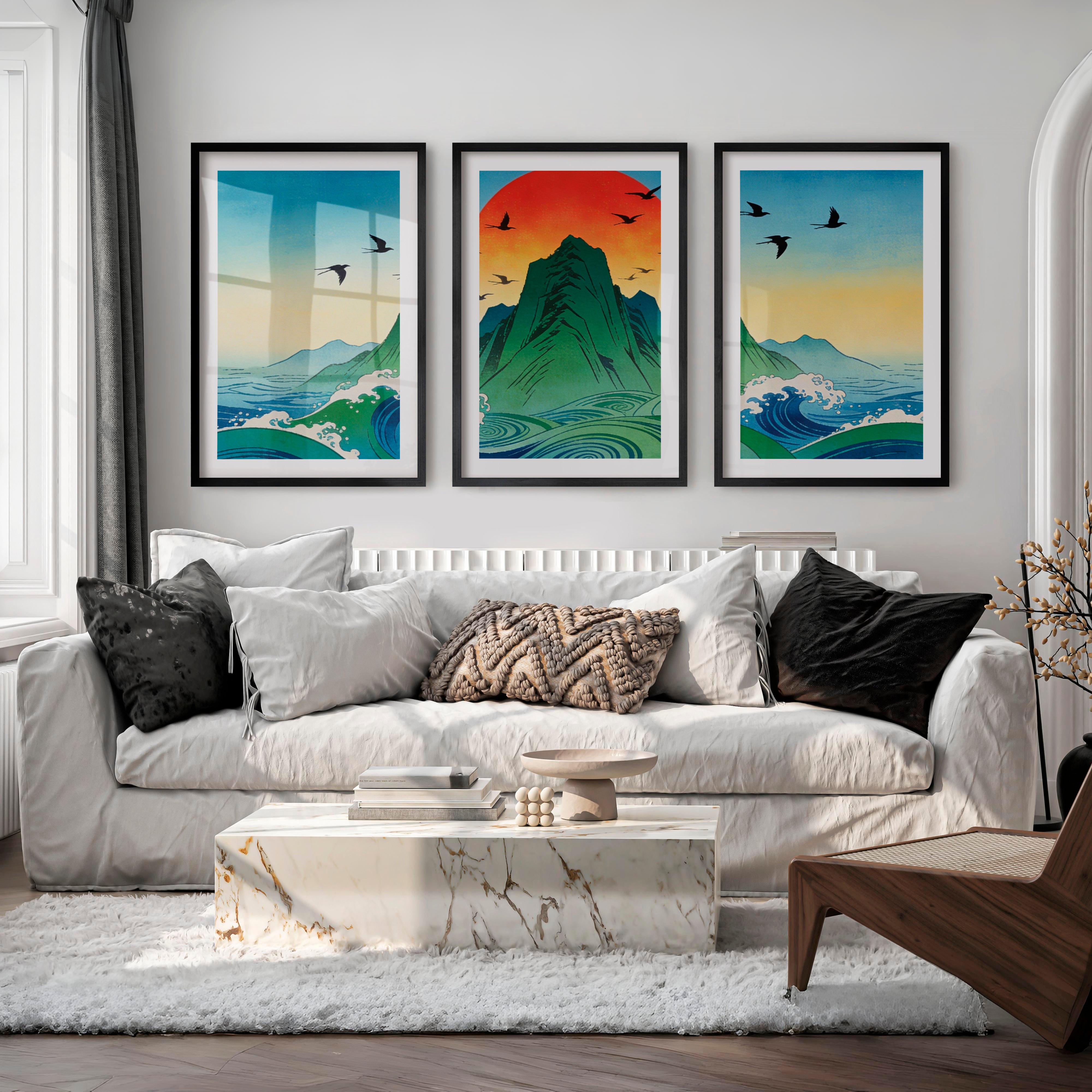 Rising Sun Mountain japandi accent wall Art - Black Framed Poster with White Border - Artworksets