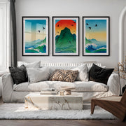 Rising Sun Mountain japandi accent wall Art - Black Framed Poster with White Border - Artworksets
