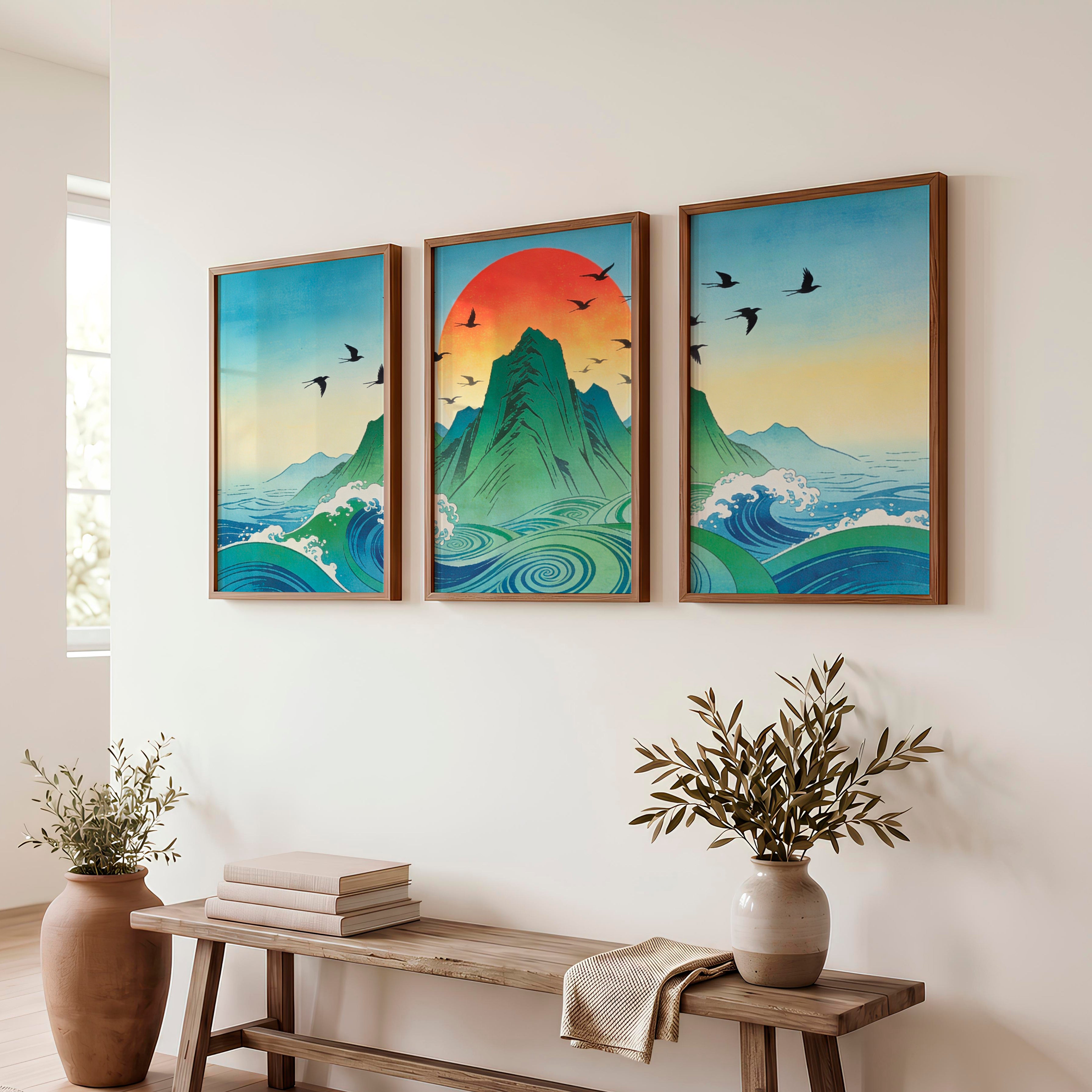 Rising Sun Mountain japandi accent wall Art - Dark Brown Framed Poster No Border - Artworksets
