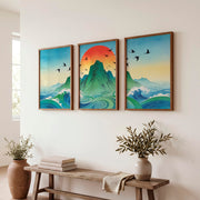 Rising Sun Mountain japandi accent wall Art - Dark Brown Framed Poster No Border - Artworksets