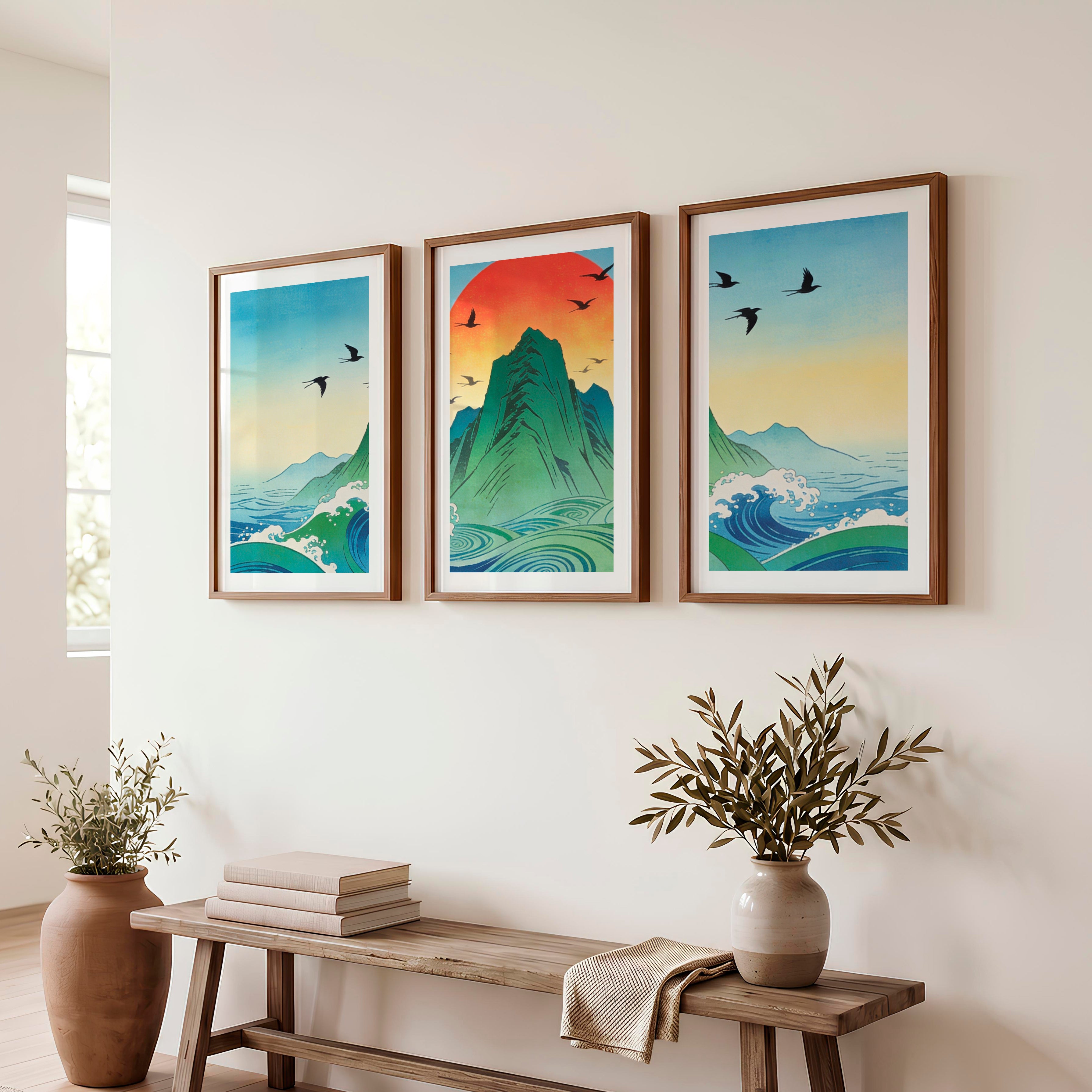Rising Sun Mountain japandi accent wall Art - Dark Brown Framed Poster with White Border - Artworksets