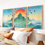 Rising Sun Mountain japandi accent wall Art - Natural Wood Framed Poster No Border - Artworksets