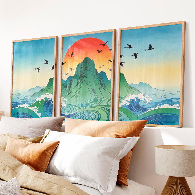 Rising Sun Mountain japandi accent wall Art - Natural Wood Framed Poster No Border - Artworksets