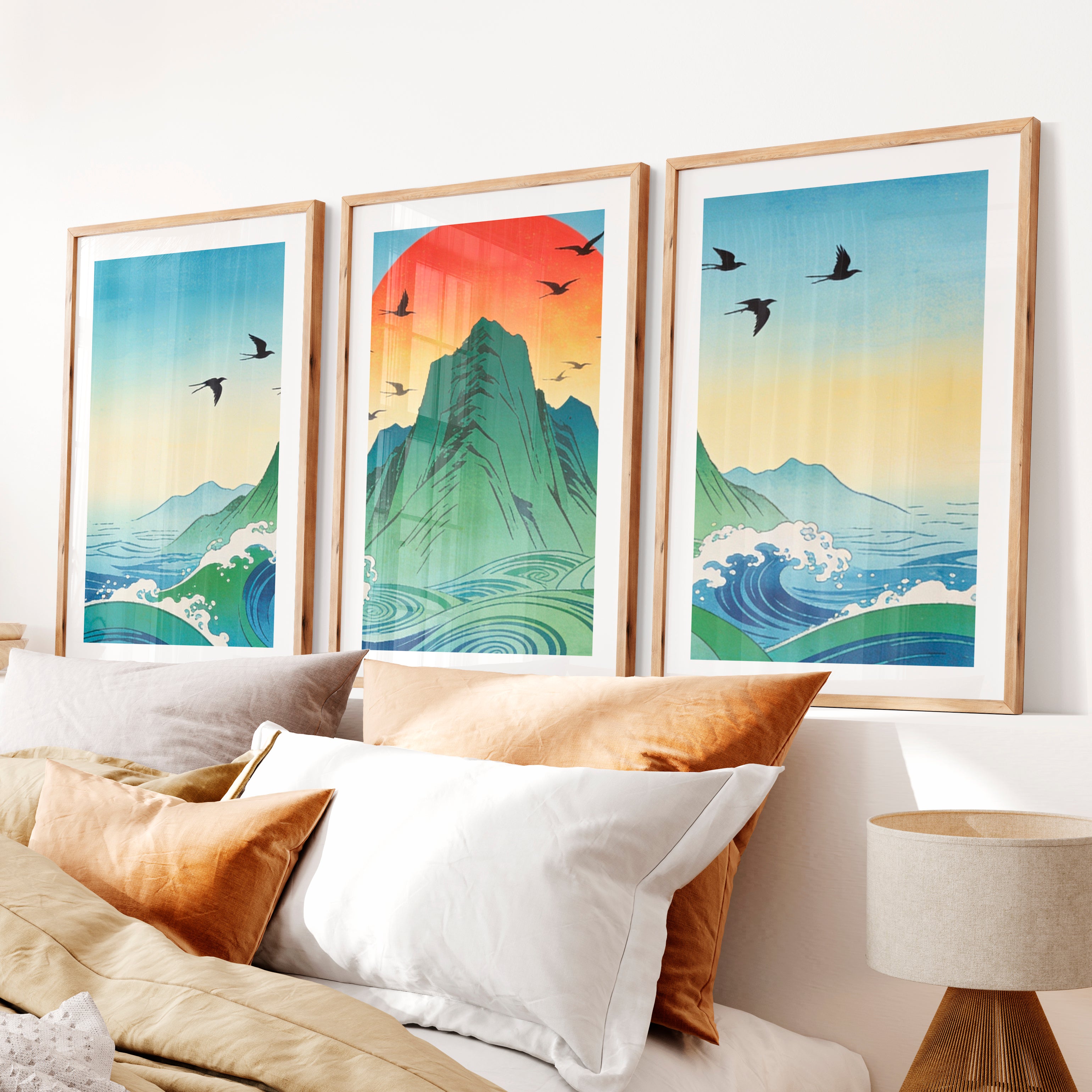 Rising Sun Mountain japandi accent wall Art- Natural Wood Framed Poster with White Border - Artworksets