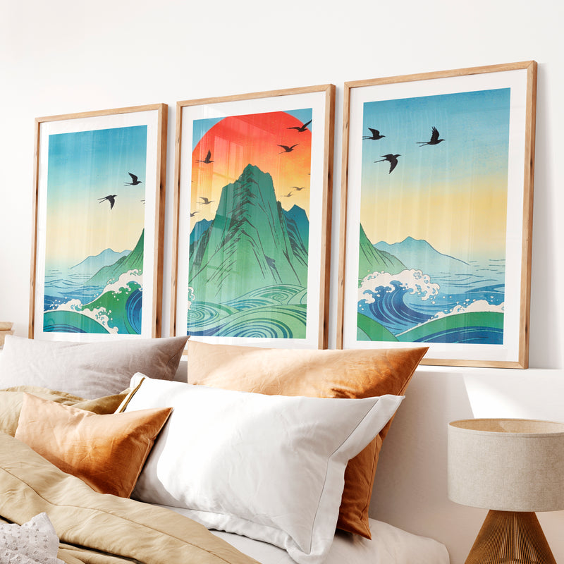 Rising Sun Mountain japandi accent wall Art- Natural Wood Framed Poster with White Border - Artworksets