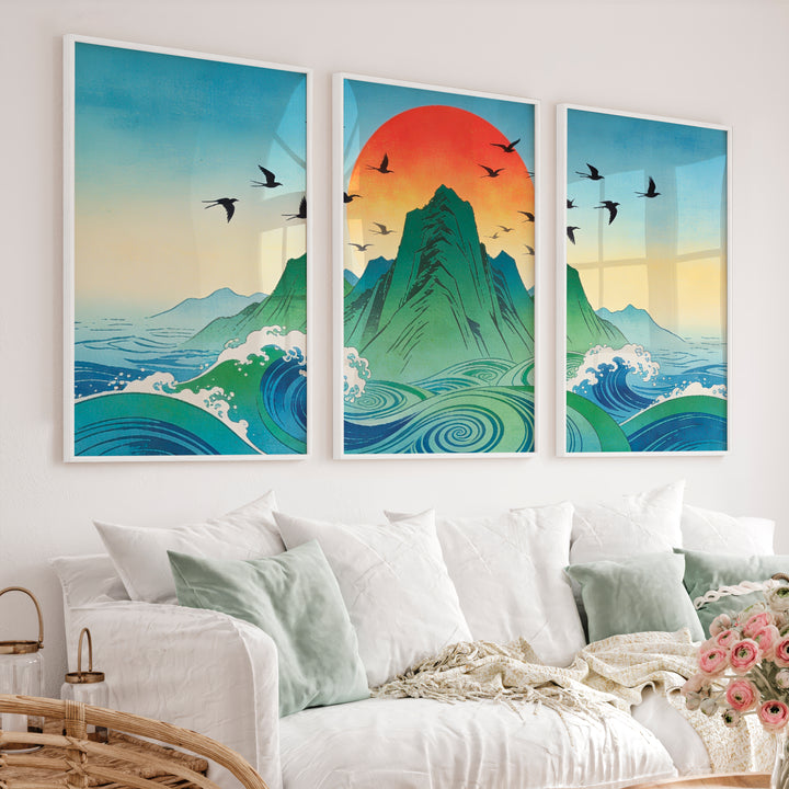 Rising Sun Mountain japandi accent wall Art - White Framed Poster No Border - Artworksets