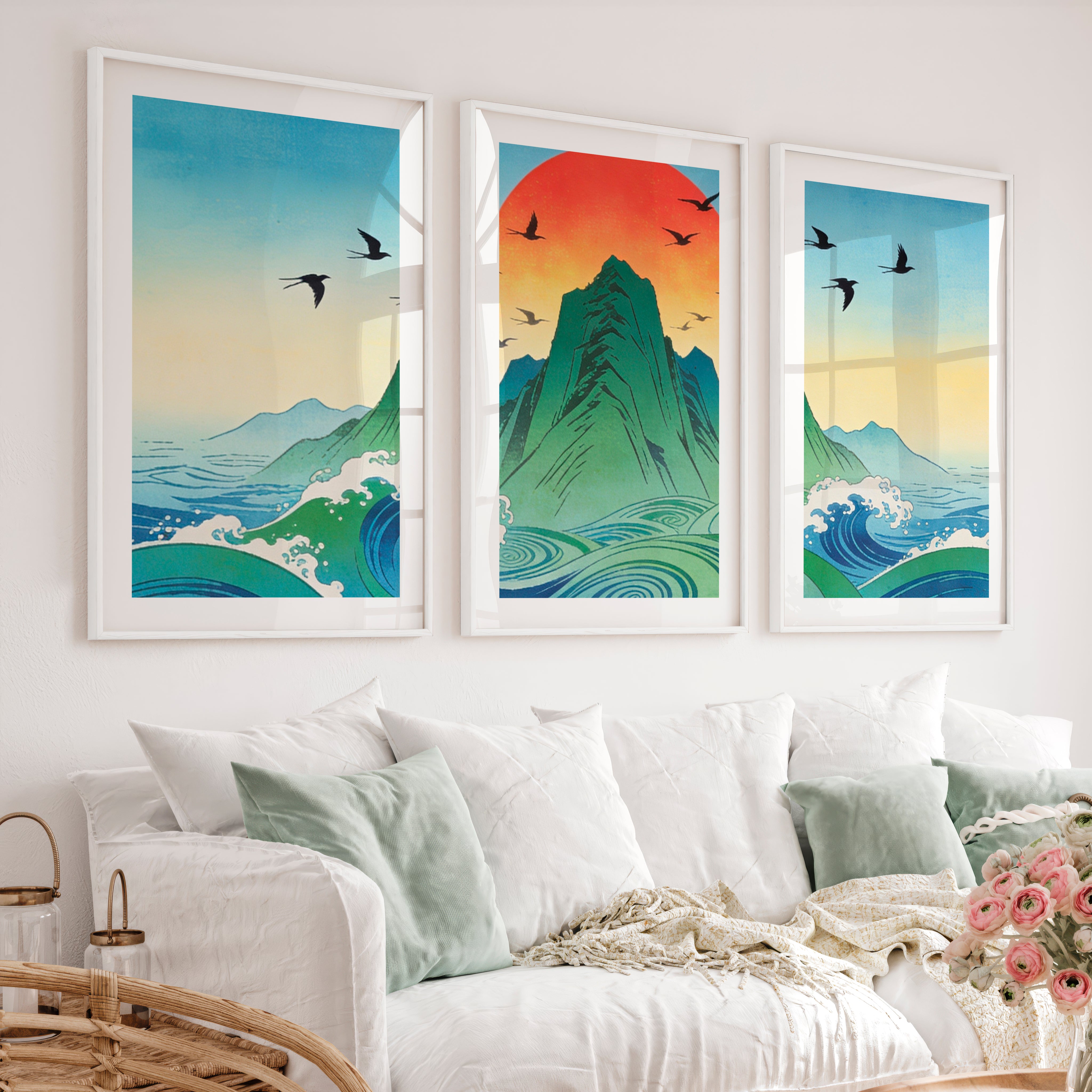 Rising Sun Mountain japandi accent wall Art - White Framed Poster with White Border - Artworksets