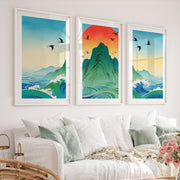 Rising Sun Mountain japandi accent wall Art - White Framed Poster with White Border - Artworksets