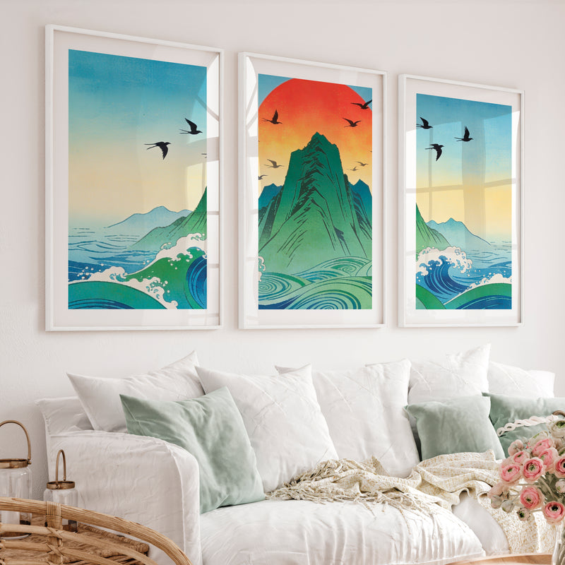 Rising Sun Mountain japandi accent wall Art - White Framed Poster with White Border - Artworksets