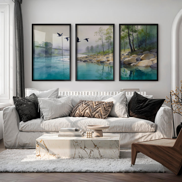 Riverside Flight for japandi accent wall - Black Framed Poster No Border - Artworksets
