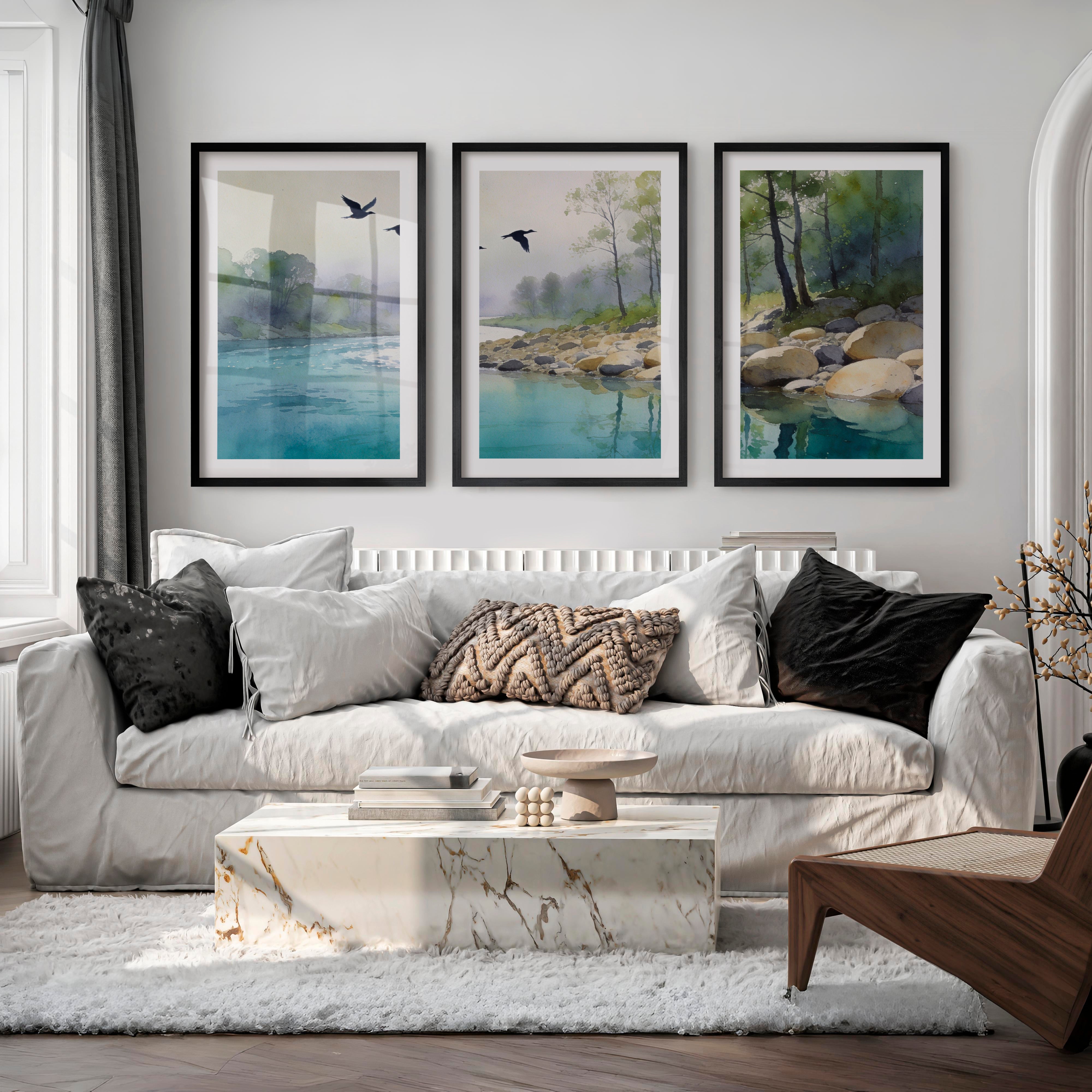 Riverside Flight for japandi accent wall - Black Framed Poster with White Border - Artworksets