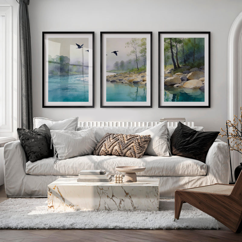 Riverside Flight for japandi accent wall - Black Framed Poster with White Border - Artworksets