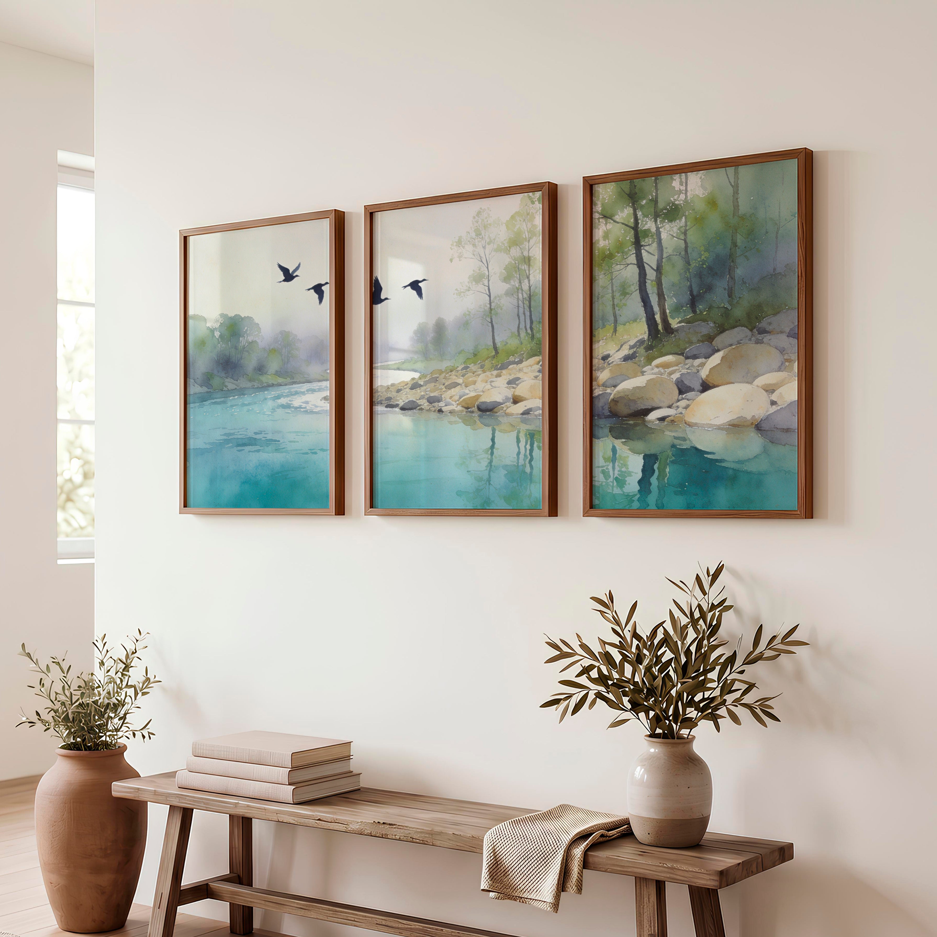 Riverside Flight for japandi accent wall - Dark Brown Framed Poster No Border - Artworksets