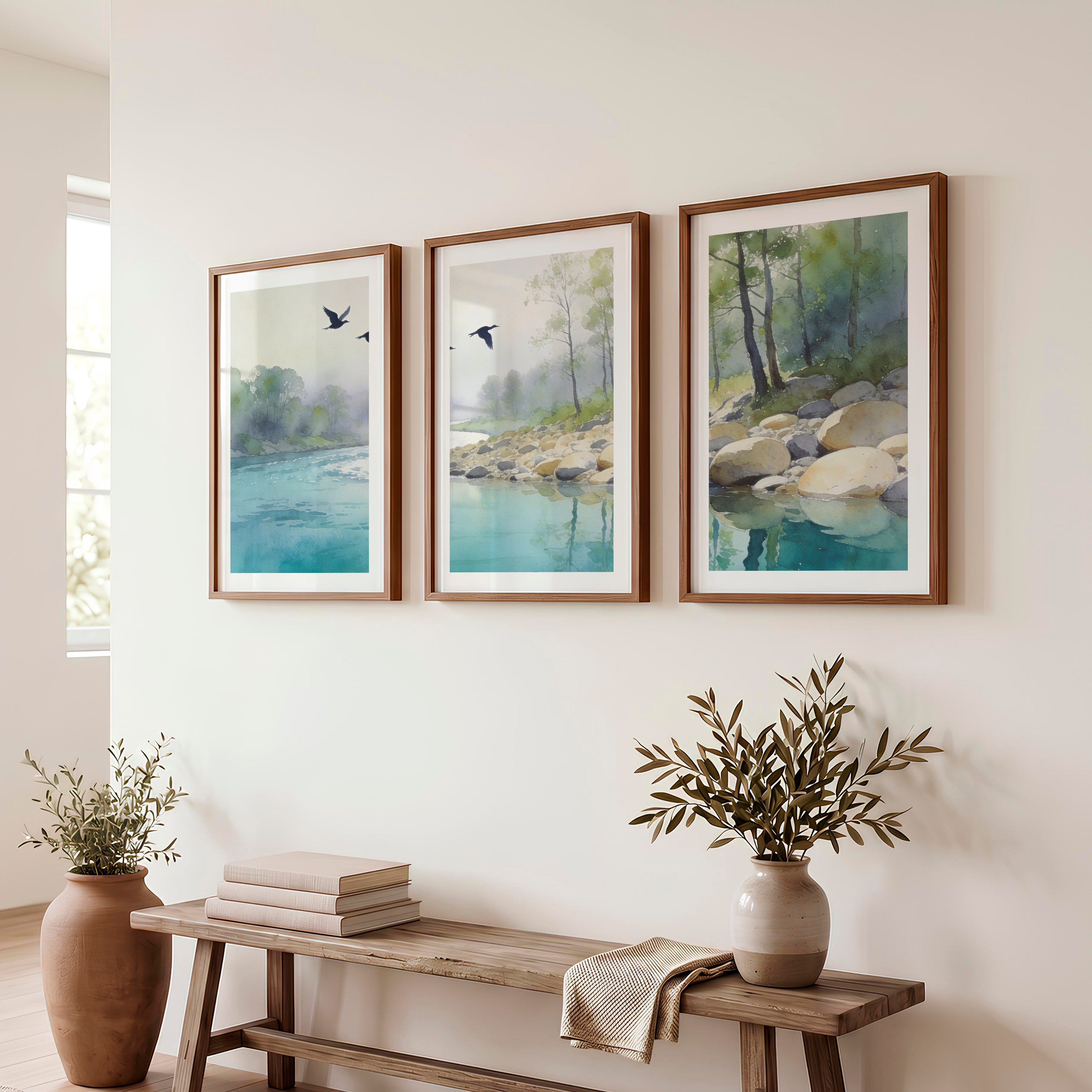 Riverside Flight for japandi accent wall - Dark Brown Framed Poster with White Border - Artworksets