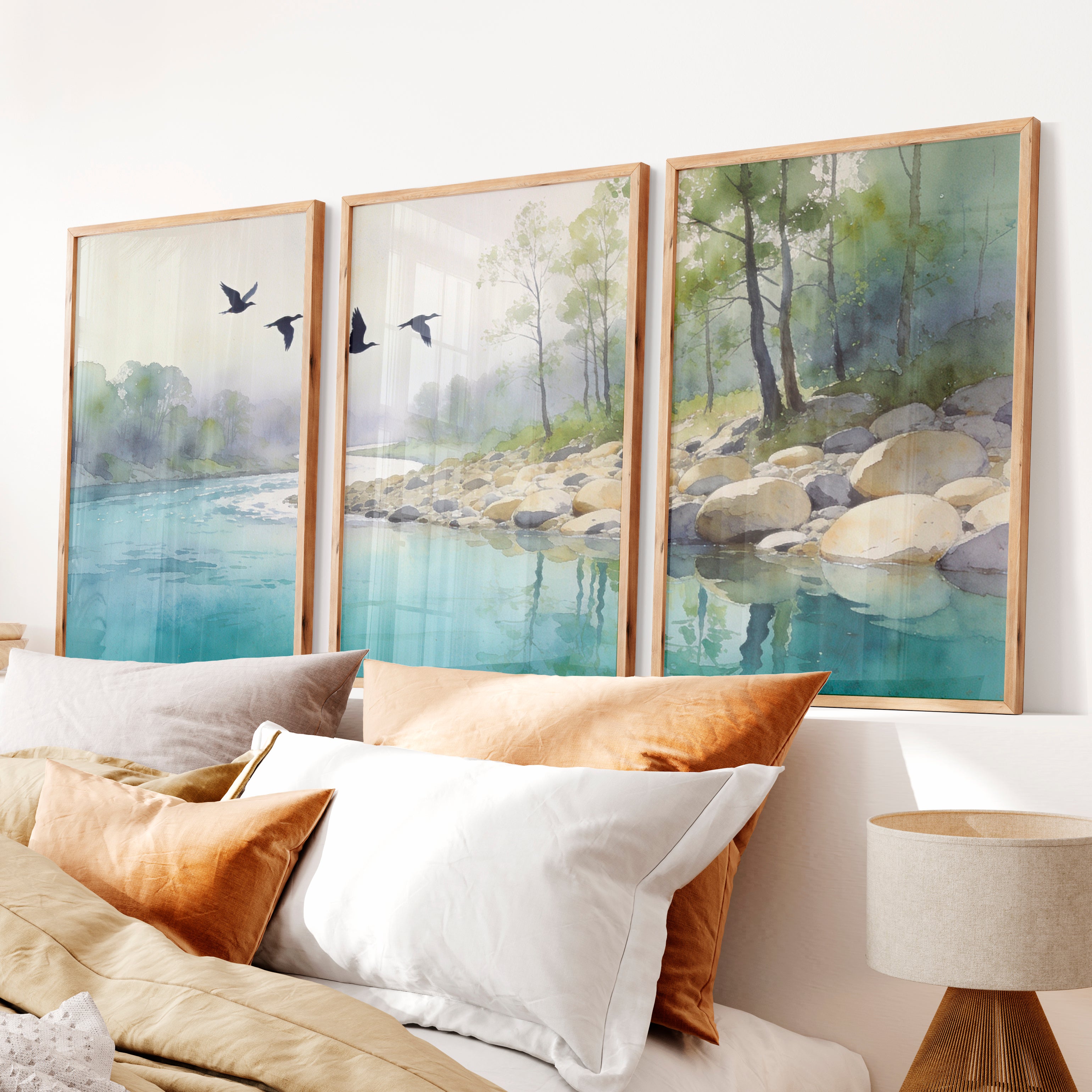 Riverside Flight for japandi accent wall - Natural Wood Framed Poster No Border - Artworksets