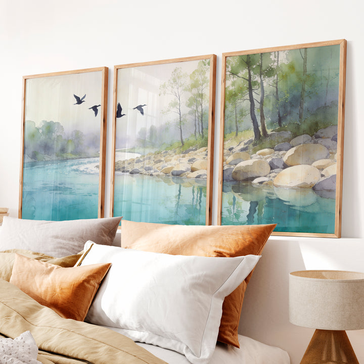 Riverside Flight for japandi accent wall - Natural Wood Framed Poster No Border - Artworksets