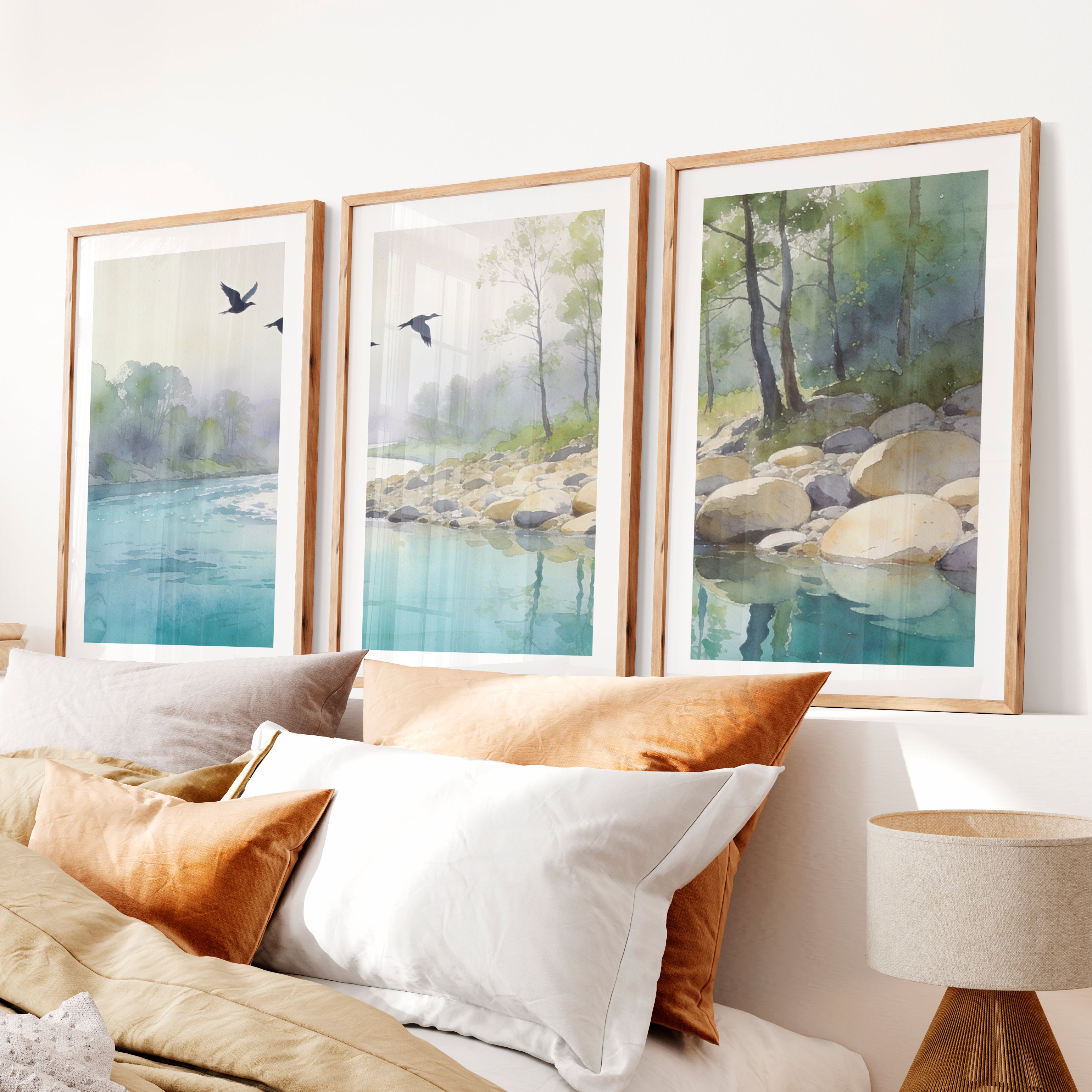 Riverside Flight for japandi accent wall- Natural Wood Framed Poster with White Border - Artworksets