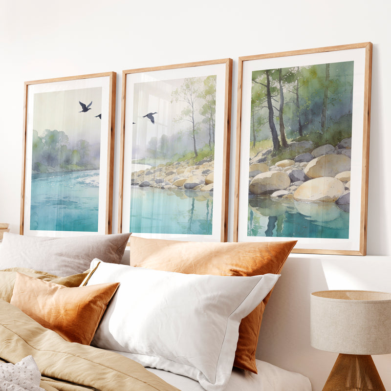 Riverside Flight for japandi accent wall- Natural Wood Framed Poster with White Border - Artworksets