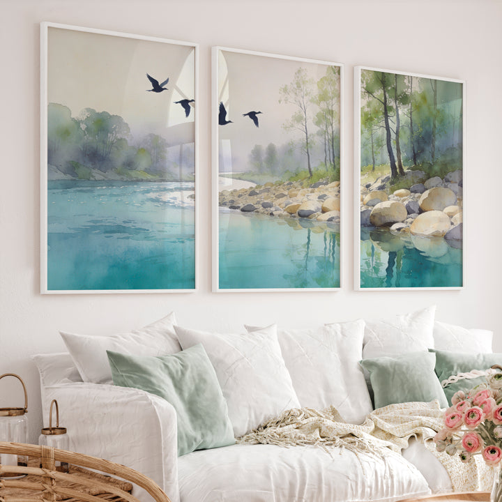 Riverside Flight for japandi accent wall - White Framed Poster No Border - Artworksets