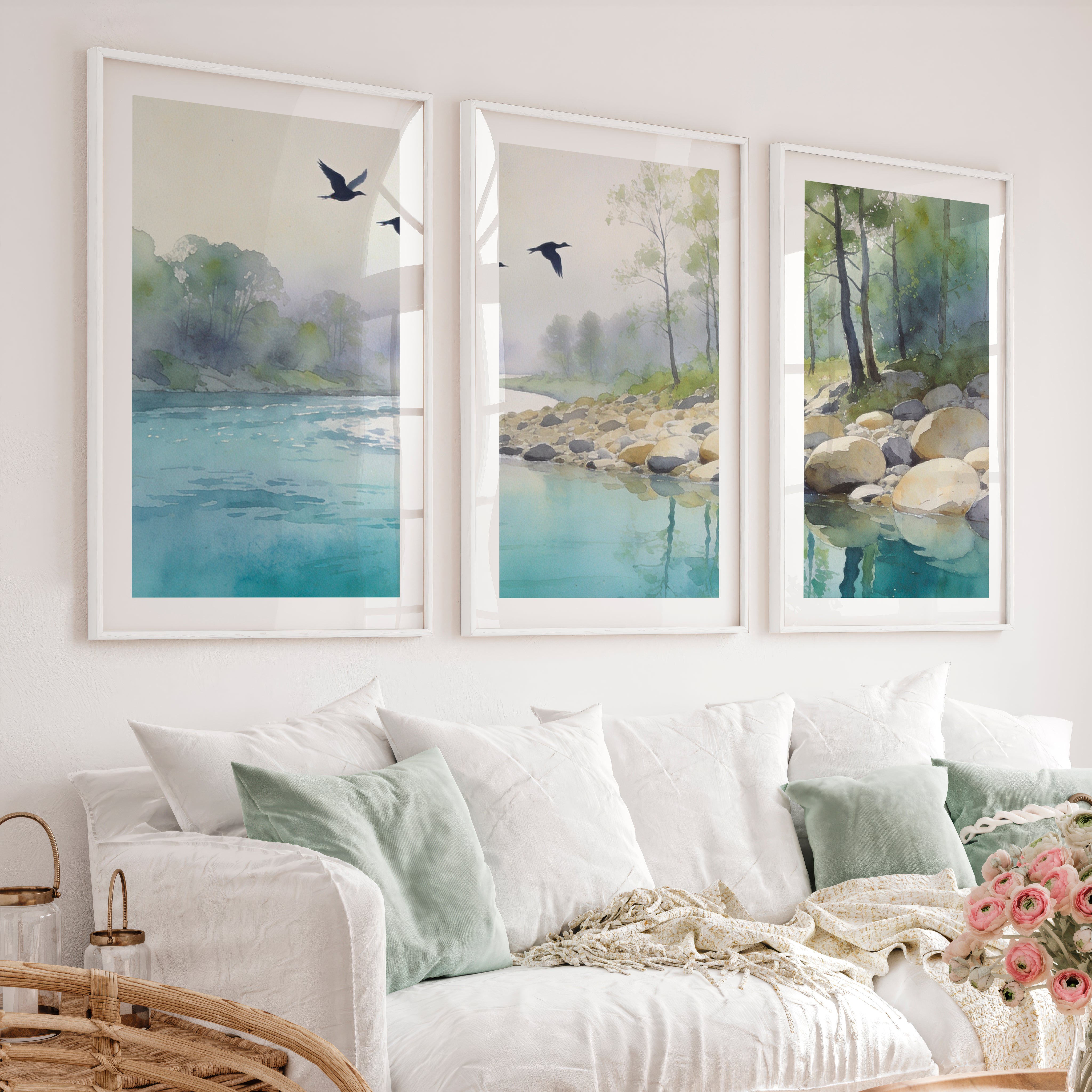 Riverside Flight for japandi accent wall - White Framed Poster with White Border - Artworksets