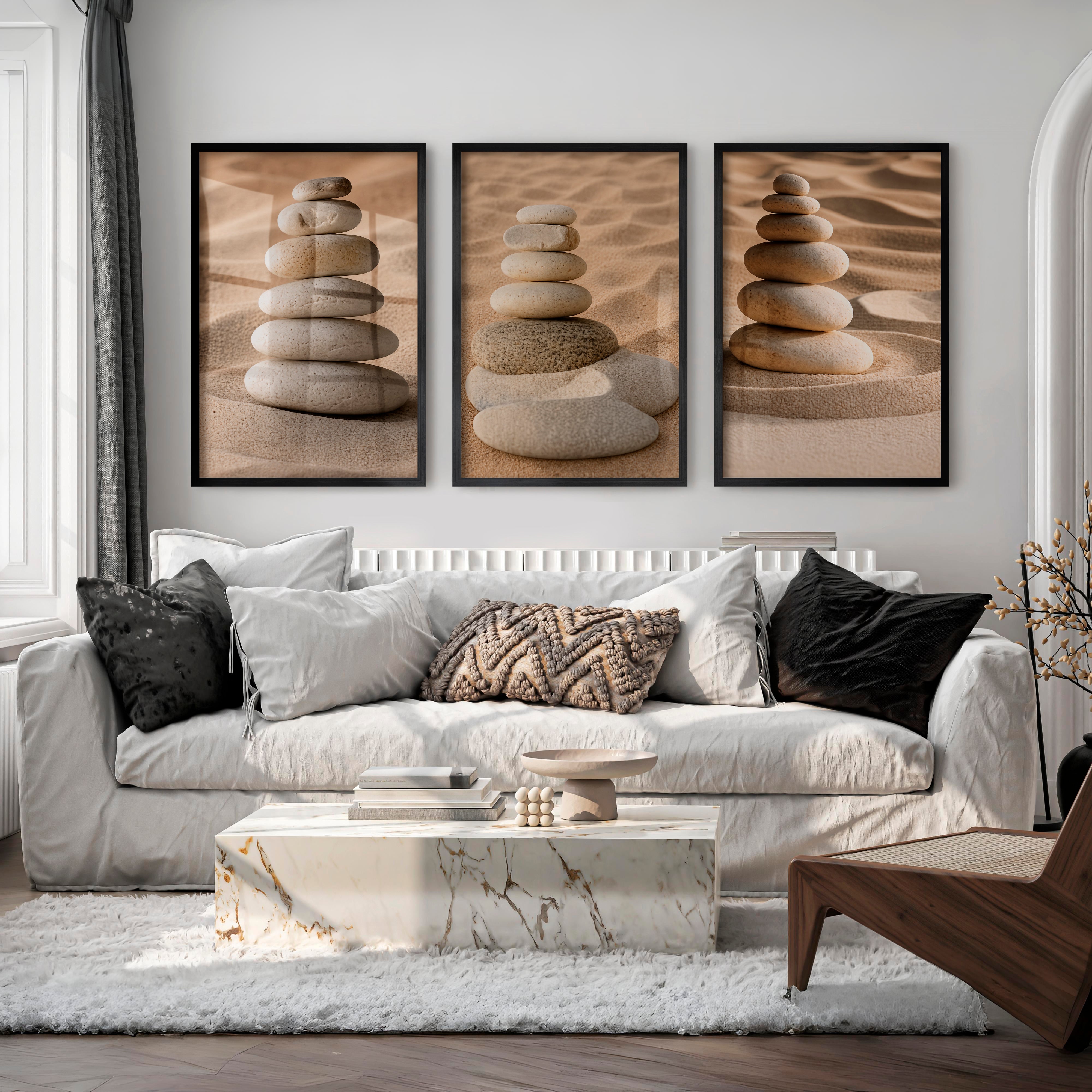 Stacked Pebble japandi accent wall - Black Framed Poster No Border - Artworksets