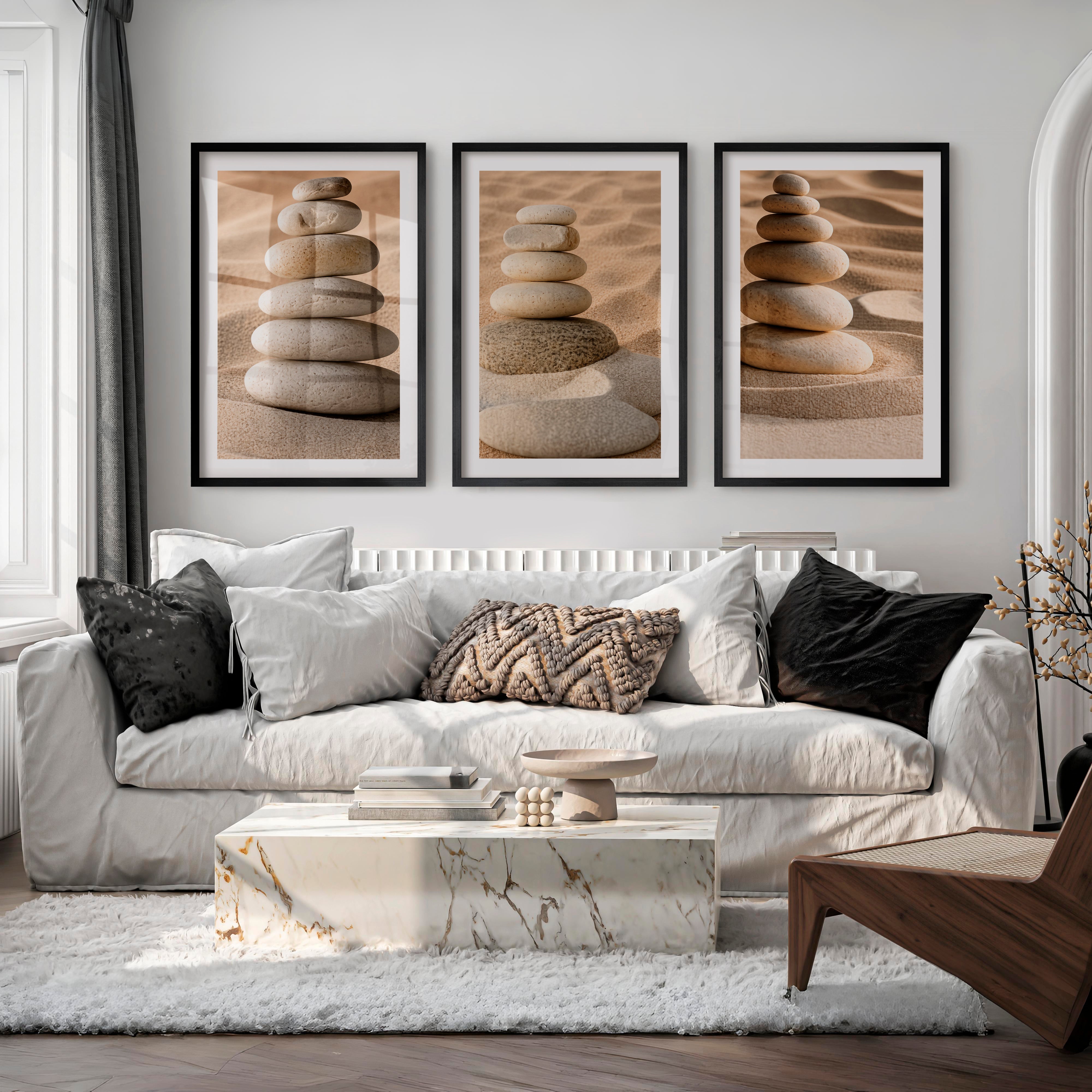 Stacked Pebble japandi accent wall - Black Framed Poster with White Border - Artworksets