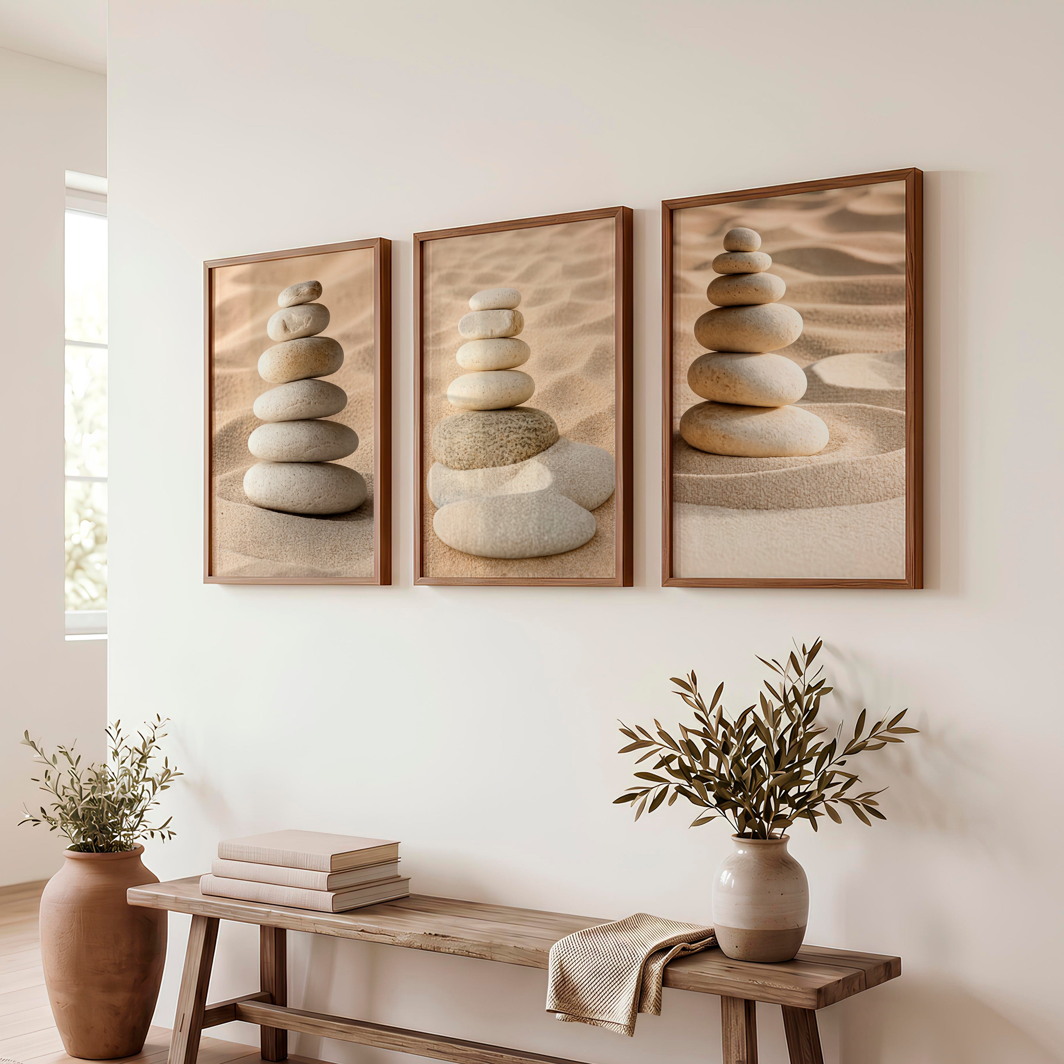 Stacked Pebble japandi accent wall - Dark Brown Framed Poster No Border - Artworksets