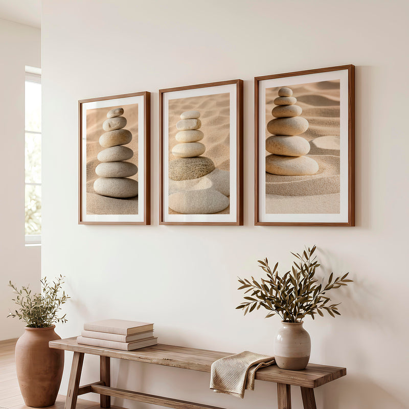 Stacked Pebble japandi accent wall - Dark Brown Framed Poster with White Border - Artworksets