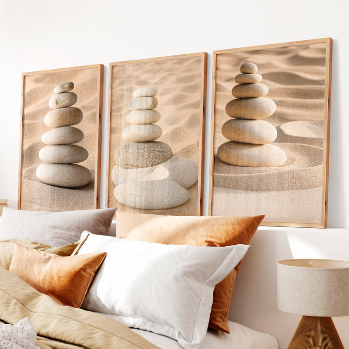 Stacked Pebble japandi accent wall - Natural Wood Framed Poster No Border - Artworksets