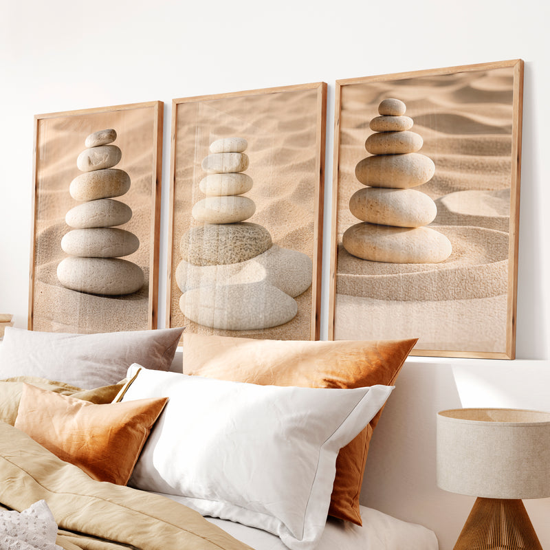 Stacked Pebble japandi accent wall - Natural Wood Framed Poster No Border - Artworksets