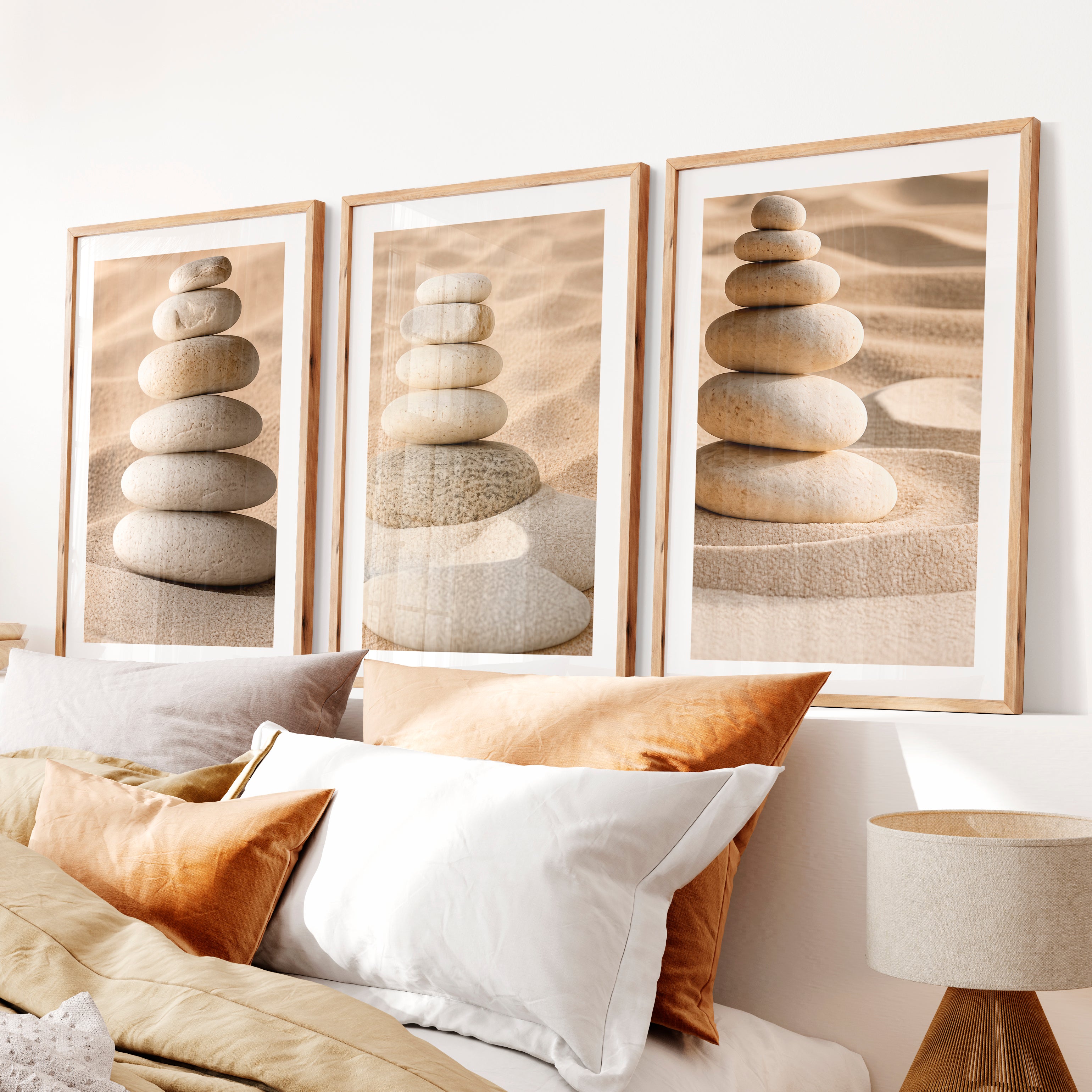 Stacked Pebble japandi accent wall- Natural Wood Framed Poster with White Border - Artworksets