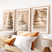 Stacked Pebble japandi accent wall- Natural Wood Framed Poster with White Border - Artworksets