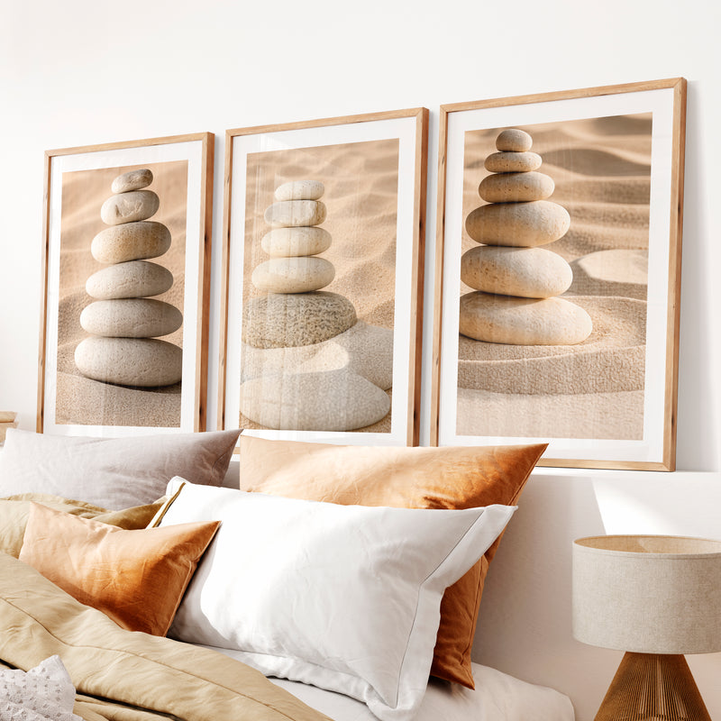 Stacked Pebble japandi accent wall- Natural Wood Framed Poster with White Border - Artworksets