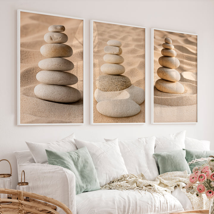 Stacked Pebble japandi accent wall - White Framed Poster No Border - Artworksets