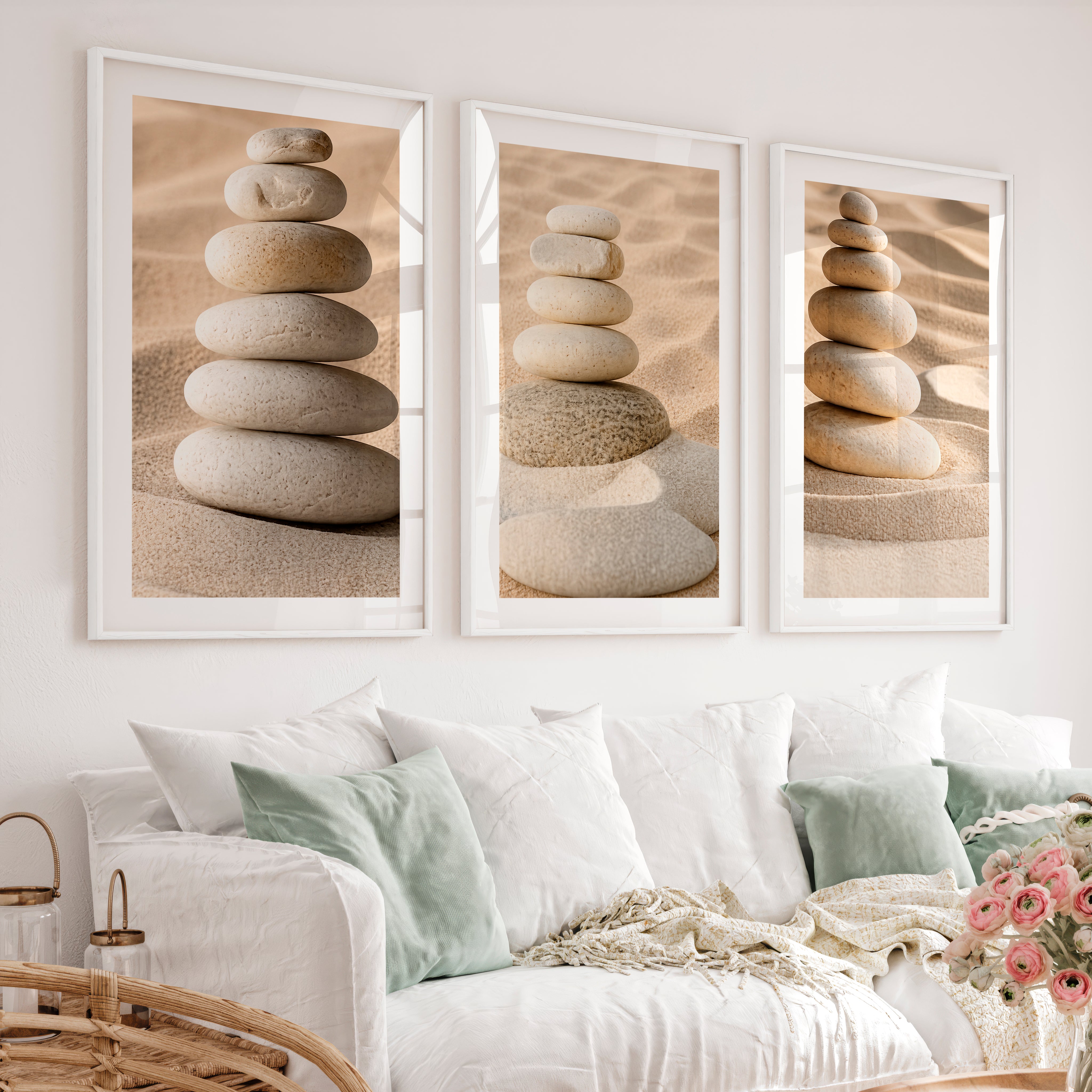 Stacked Pebble japandi accent wall - White Framed Poster with White Border - Artworksets