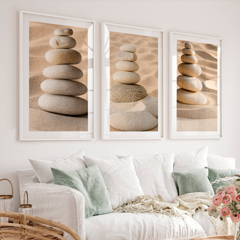 Stacked Pebble japandi accent wall - White Framed Poster with White Border - Artworksets