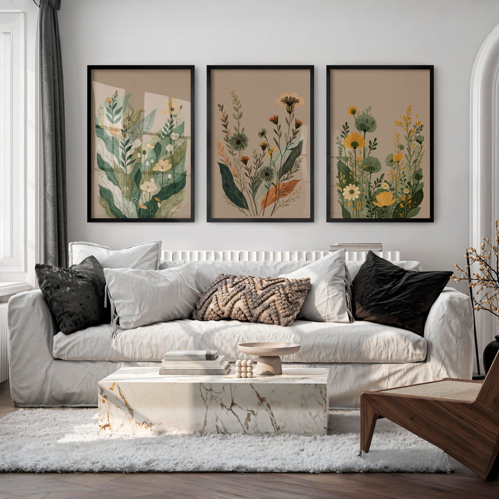 Layered Wildflower Botanicals for japandi art wall - Black Framed Poster No Border - Artworksets