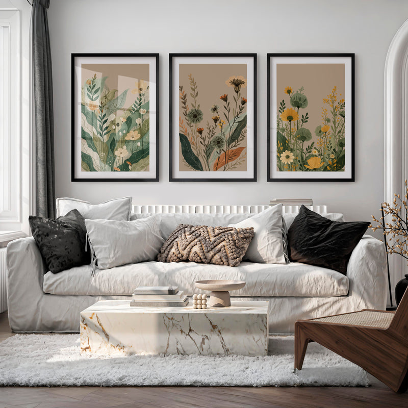 Layered Wildflower Botanicals for japandi art wall - Black Framed Poster with White Border - Artworksets