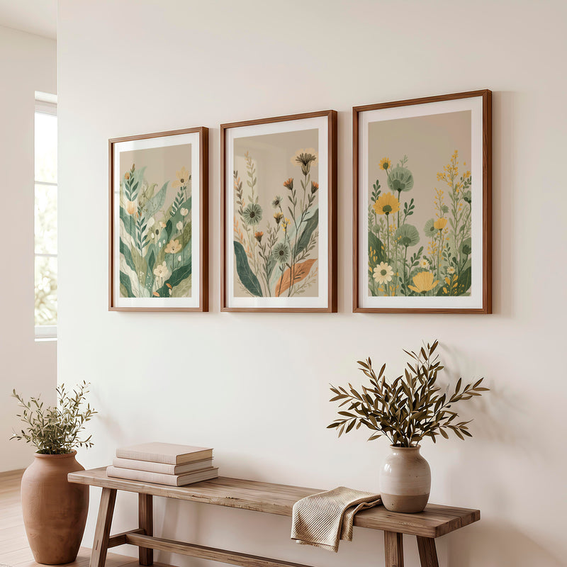 Layered Wildflower Botanicals for japandi art wall - Dark Brown Framed Poster with White Border - Artworksets