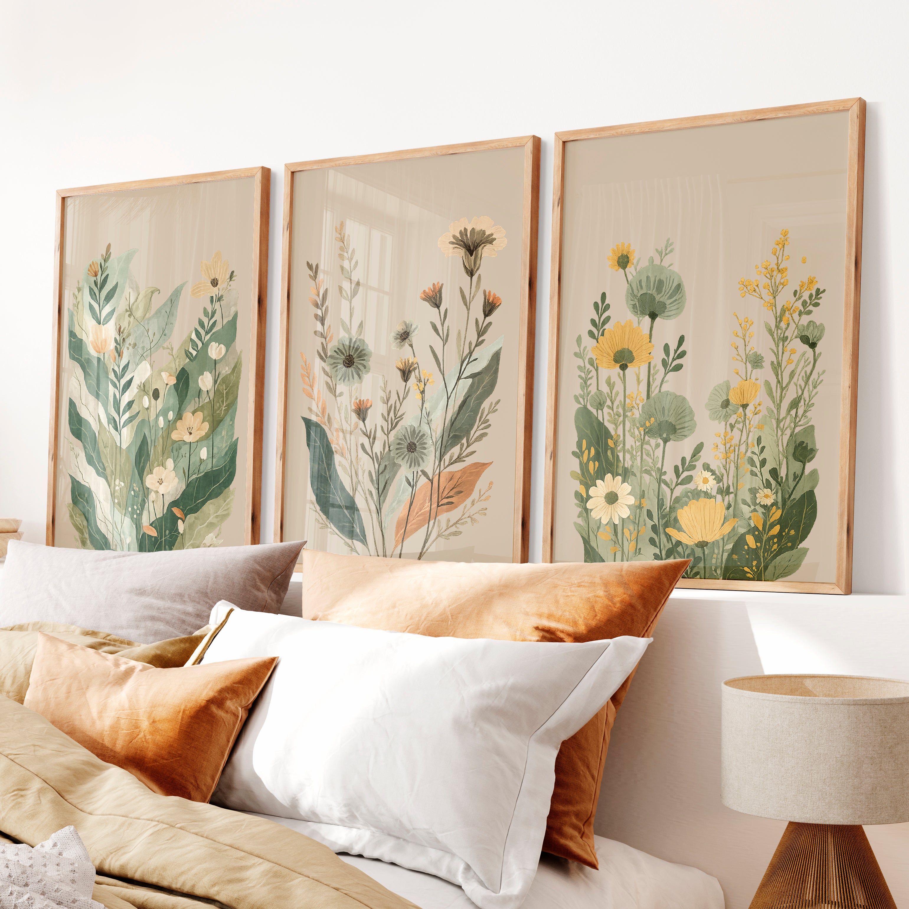 Layered Wildflower Botanicals for japandi art wall - Natural Wood Framed Poster No Border - Artworksets