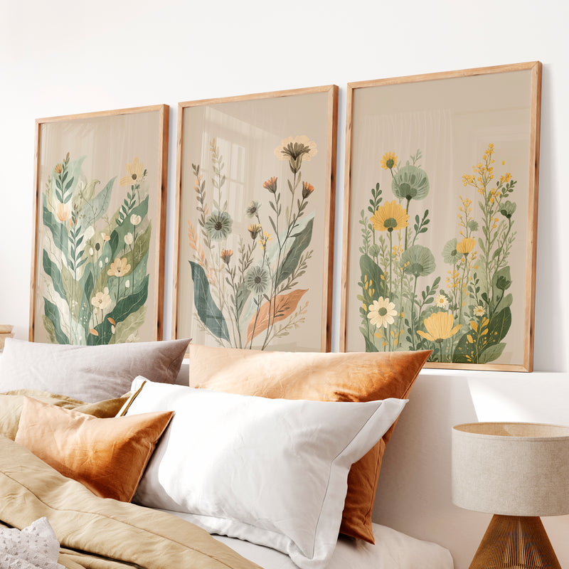 Layered Wildflower Botanicals for japandi art wall - Natural Wood Framed Poster No Border - Artworksets