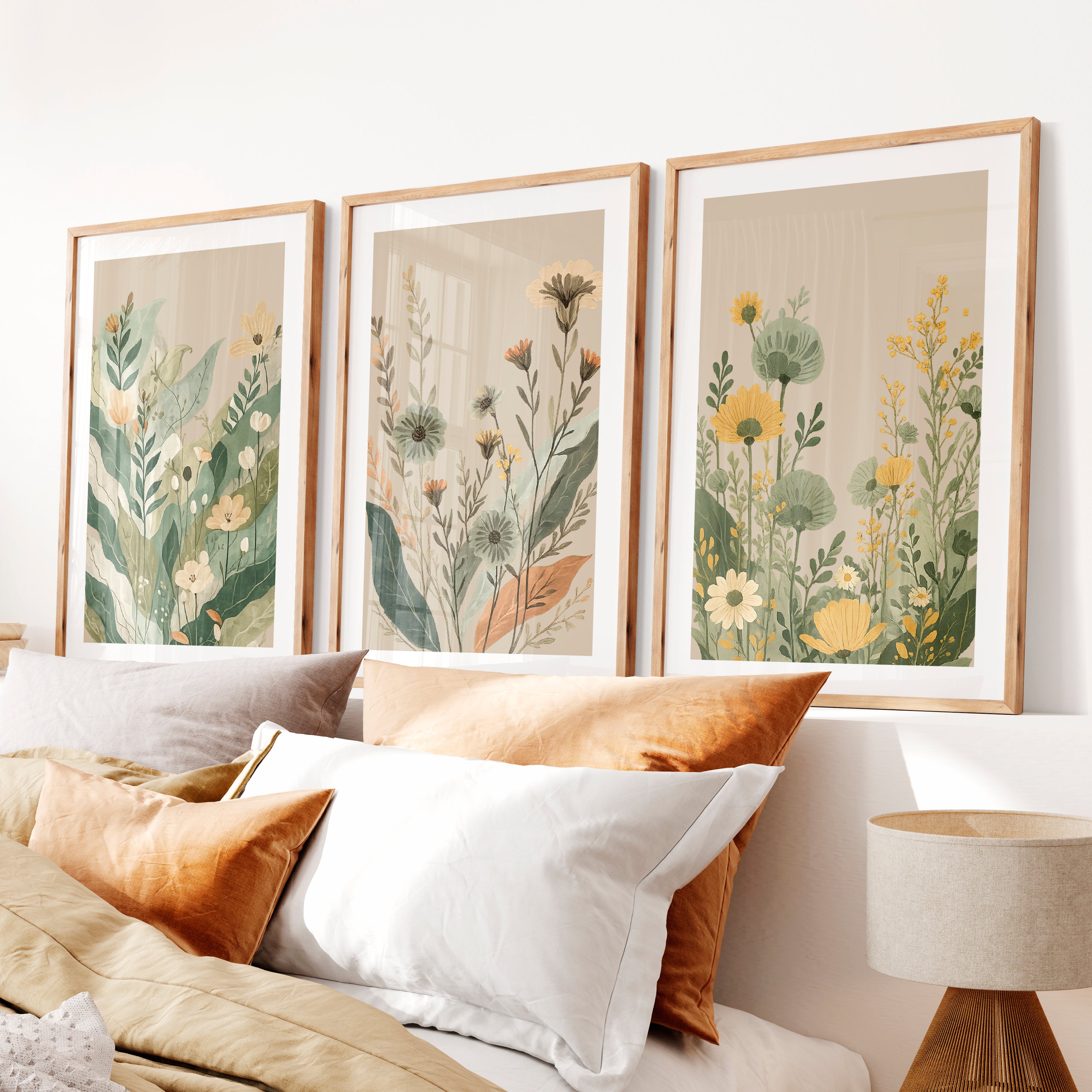 Layered Wildflower Botanicals for japandi art wall- Natural Wood Framed Poster with White Border - Artworksets