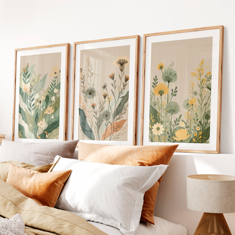 Layered Wildflower Botanicals for japandi art wall- Natural Wood Framed Poster with White Border - Artworksets