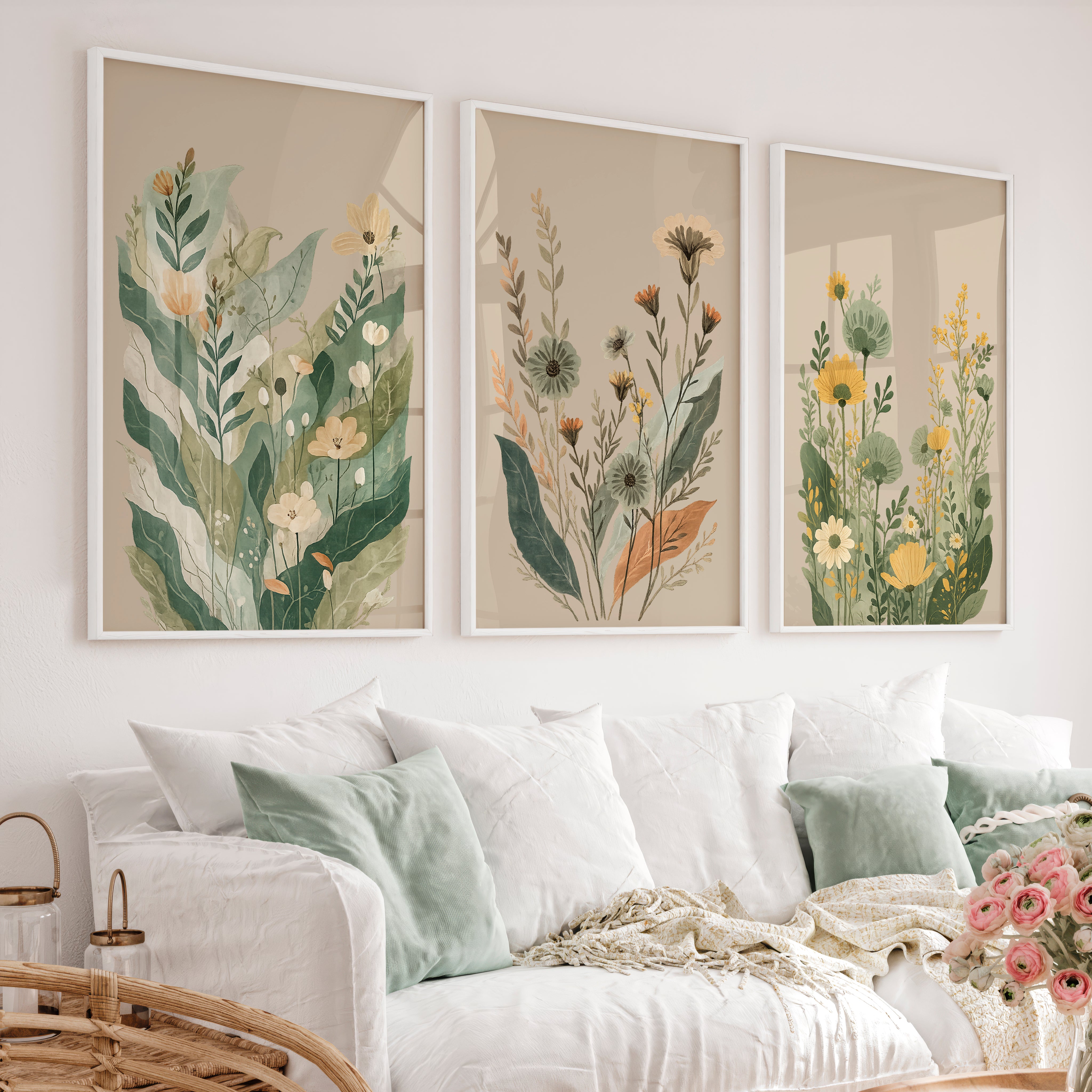 Layered Wildflower Botanicals for japandi art wall - White Framed Poster No Border - Artworksets